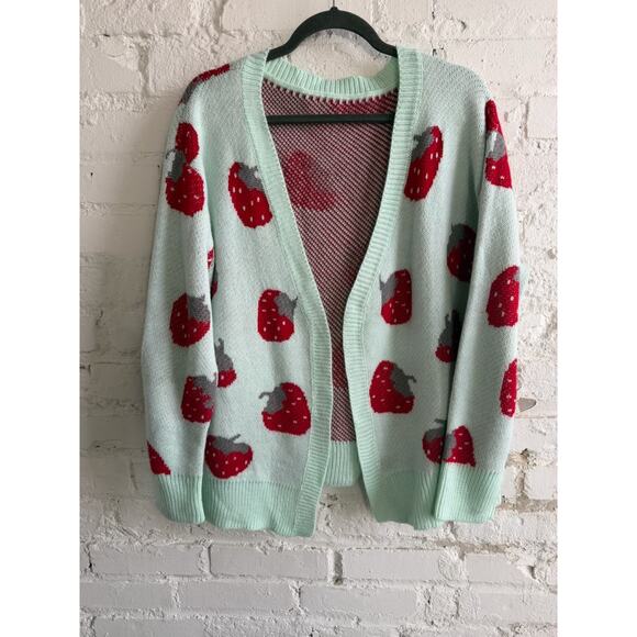 other Sweaters - Y2K Mint Green Strawberry Open Front Knit Cardigan Women’s Size XL
